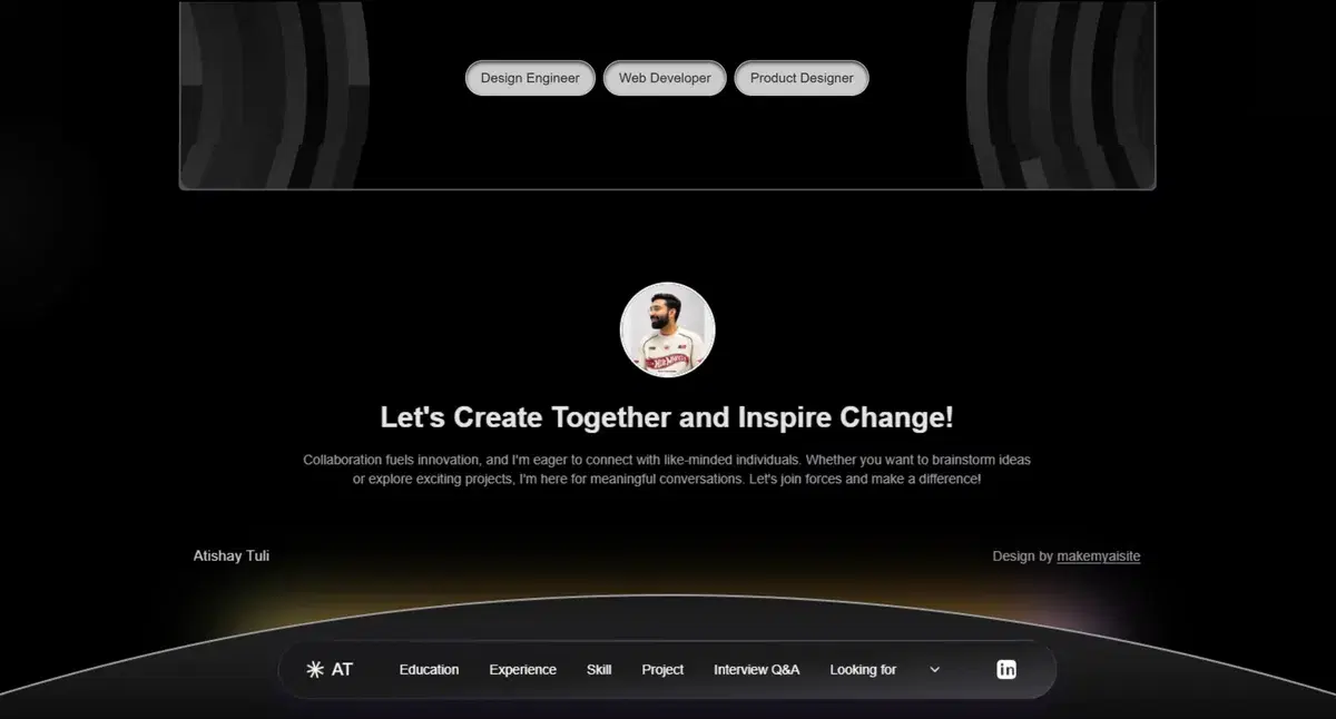 Dark glowing footer and contact section for a design engineer, built with MakeMyAISite