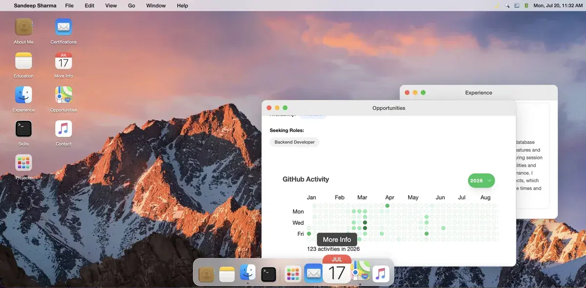 macOS desktop portfolio template with a dock and draggable windows, built with MakeMyAISite