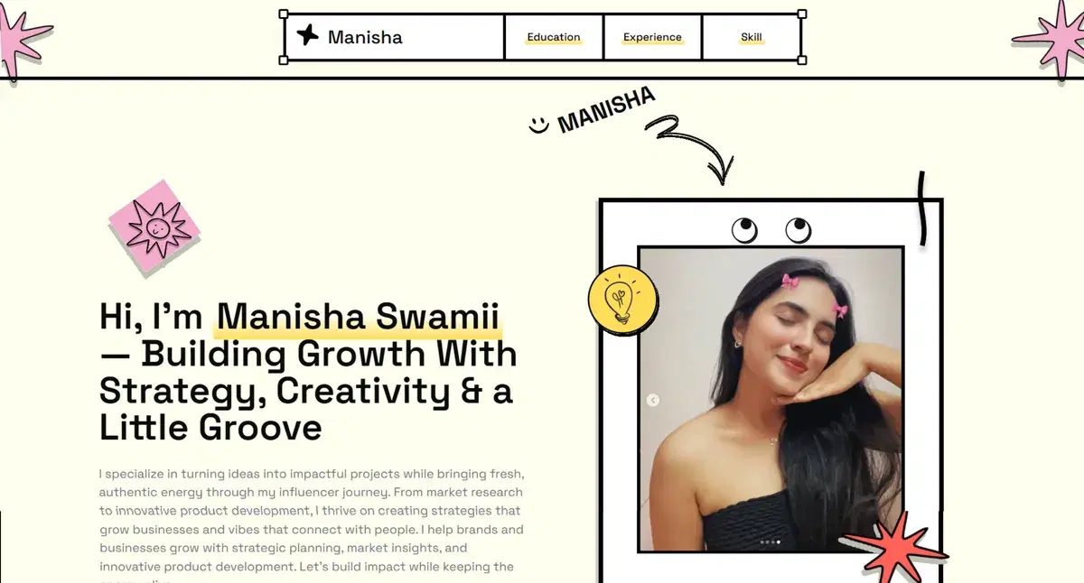 Playful hand-drawn portfolio template for a marketing strategist, built with MakeMyAISite