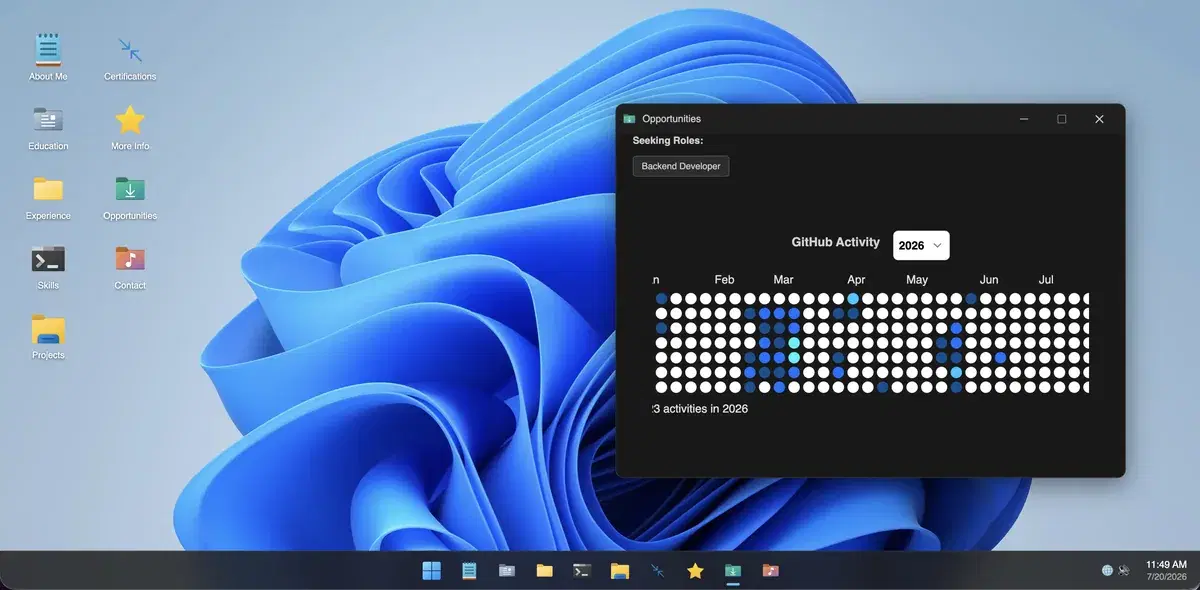 Windows 11 desktop portfolio template with a taskbar and app windows, built with MakeMyAISite