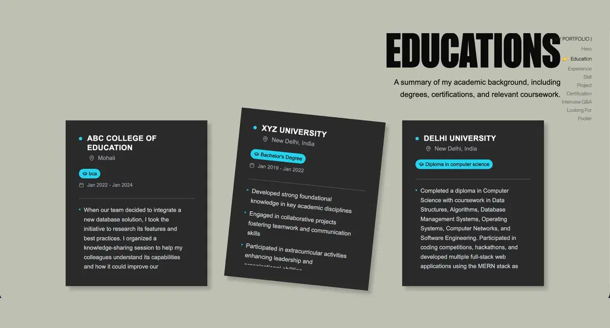 Education section cards from a portfolio built with MakeMyAISite