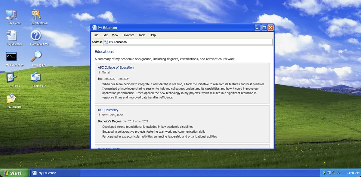 Windows XP desktop portfolio template with start menu and classic windows, built with MakeMyAISite