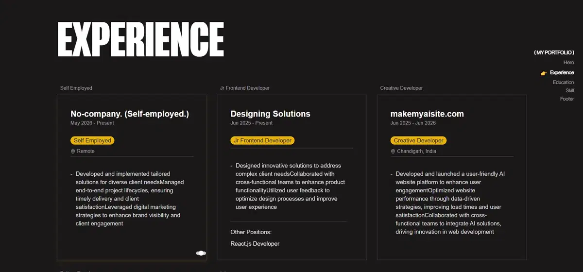 Experience section cards from a portfolio built with MakeMyAISite
