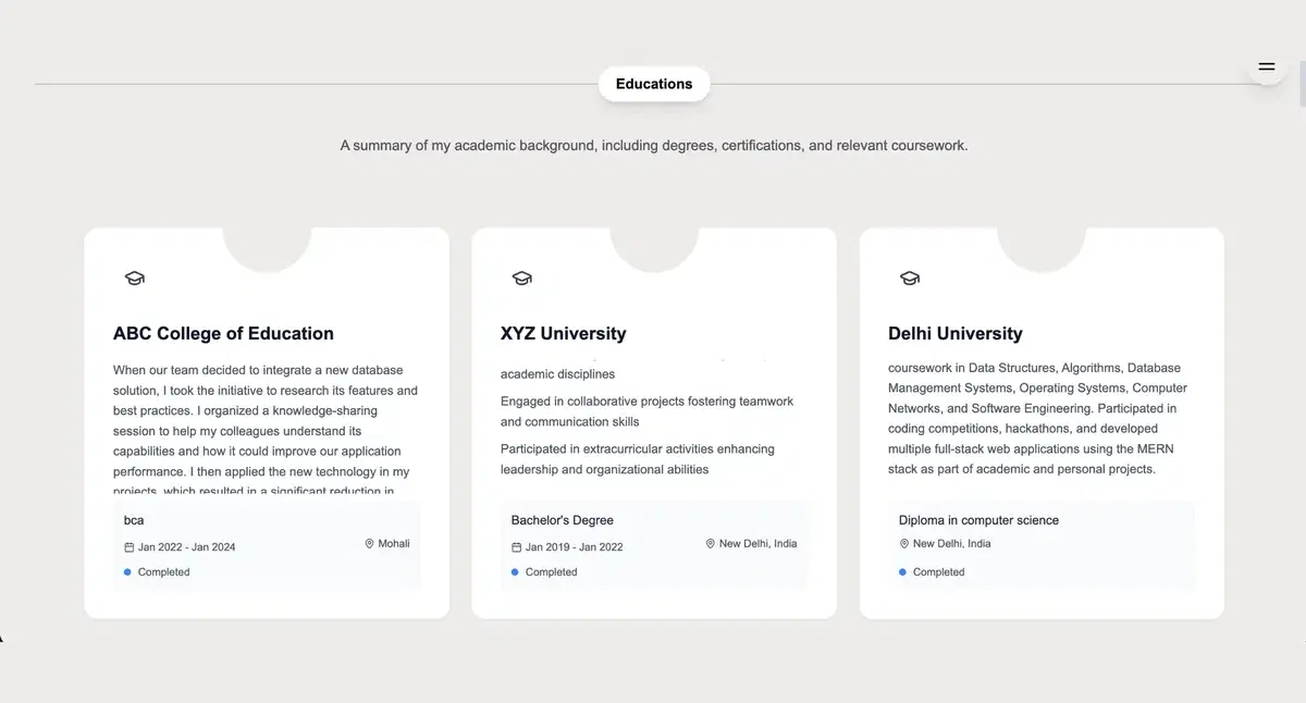 Education timeline section from a portfolio built with MakeMyAISite