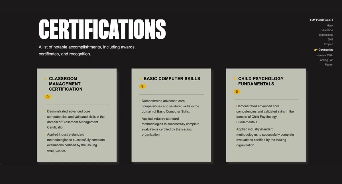 Certification cards from a portfolio built with MakeMyAISite