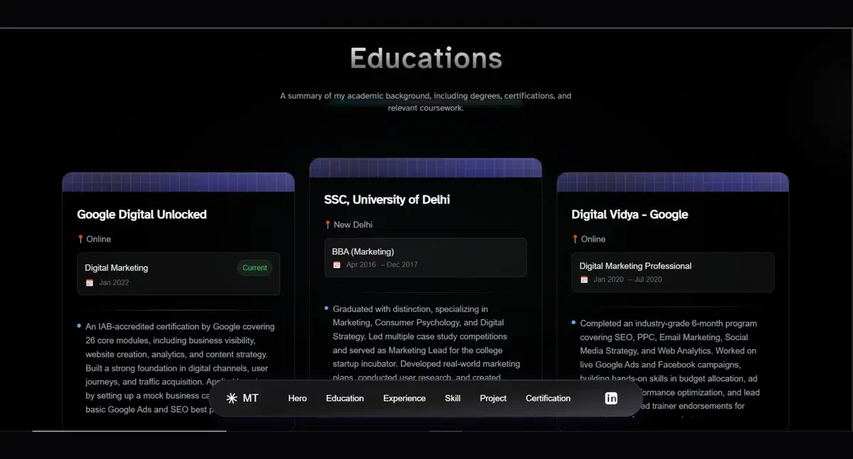 Education cards from a portfolio built with MakeMyAISite
