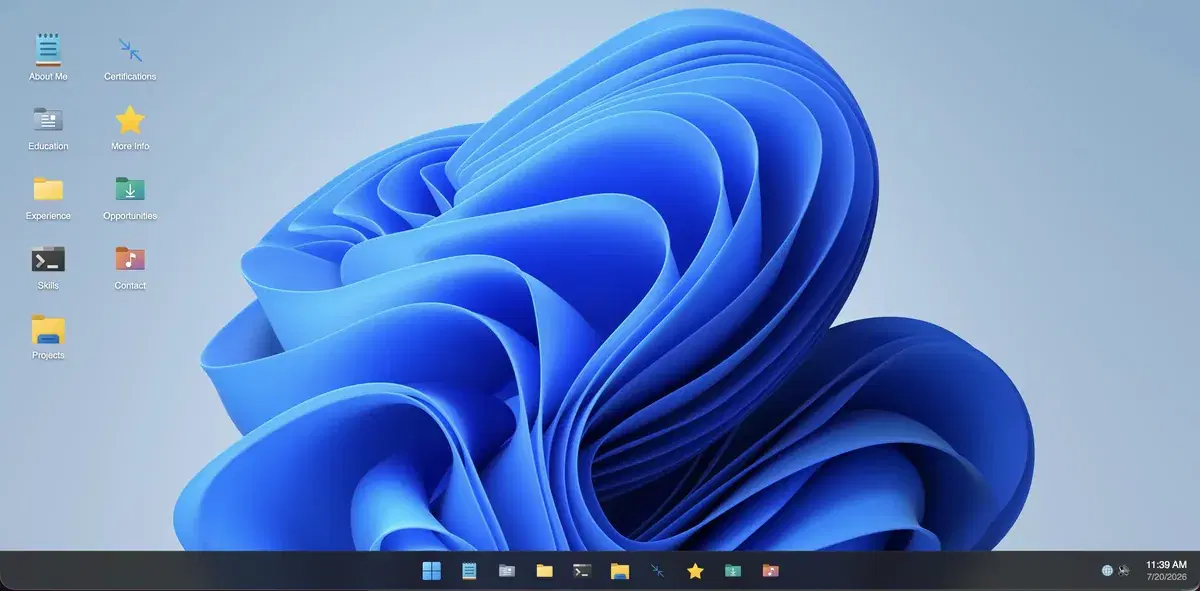 Windows 11 desktop portfolio template, built with MakeMyAISite