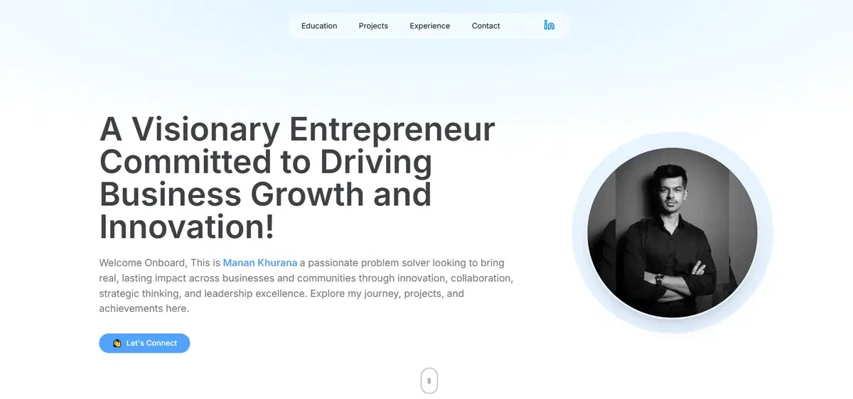 Minimal light portfolio template for a business founder, built with MakeMyAISite